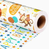 Birthday Wrapping Paper, 17 Inch X 32.8 Feet Cute Monkey Giraffe Animal Themed Balloon Happy Birthday Lettering Gift Wrap For Boy, Girl, Baby Shower, Newborn Celebration