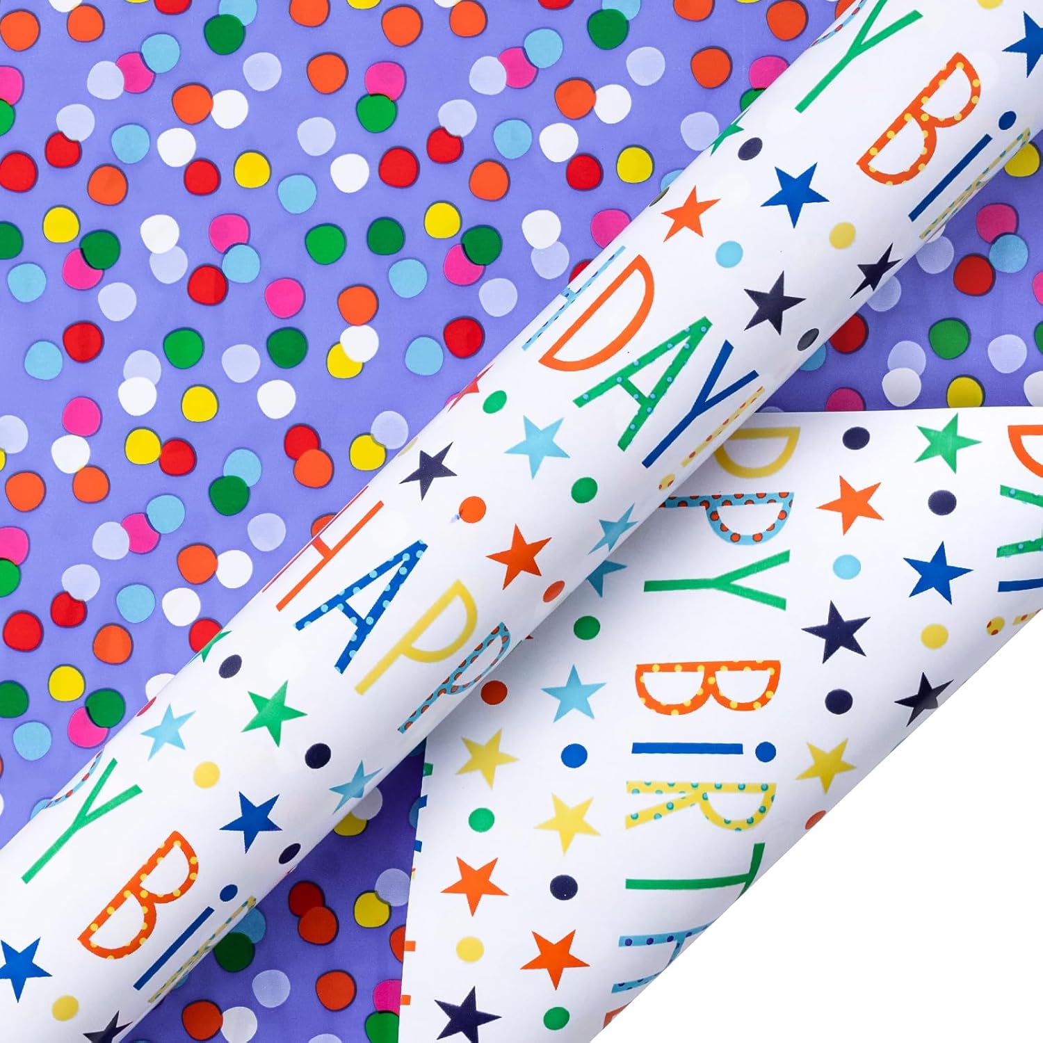 Birthday Wrapping Paper Roll, Happy Birthday Lettering, Stars, & Colorful Dots In Purple, 17 Inches X 32.8 Feet (46.45 Sq.Ft.)