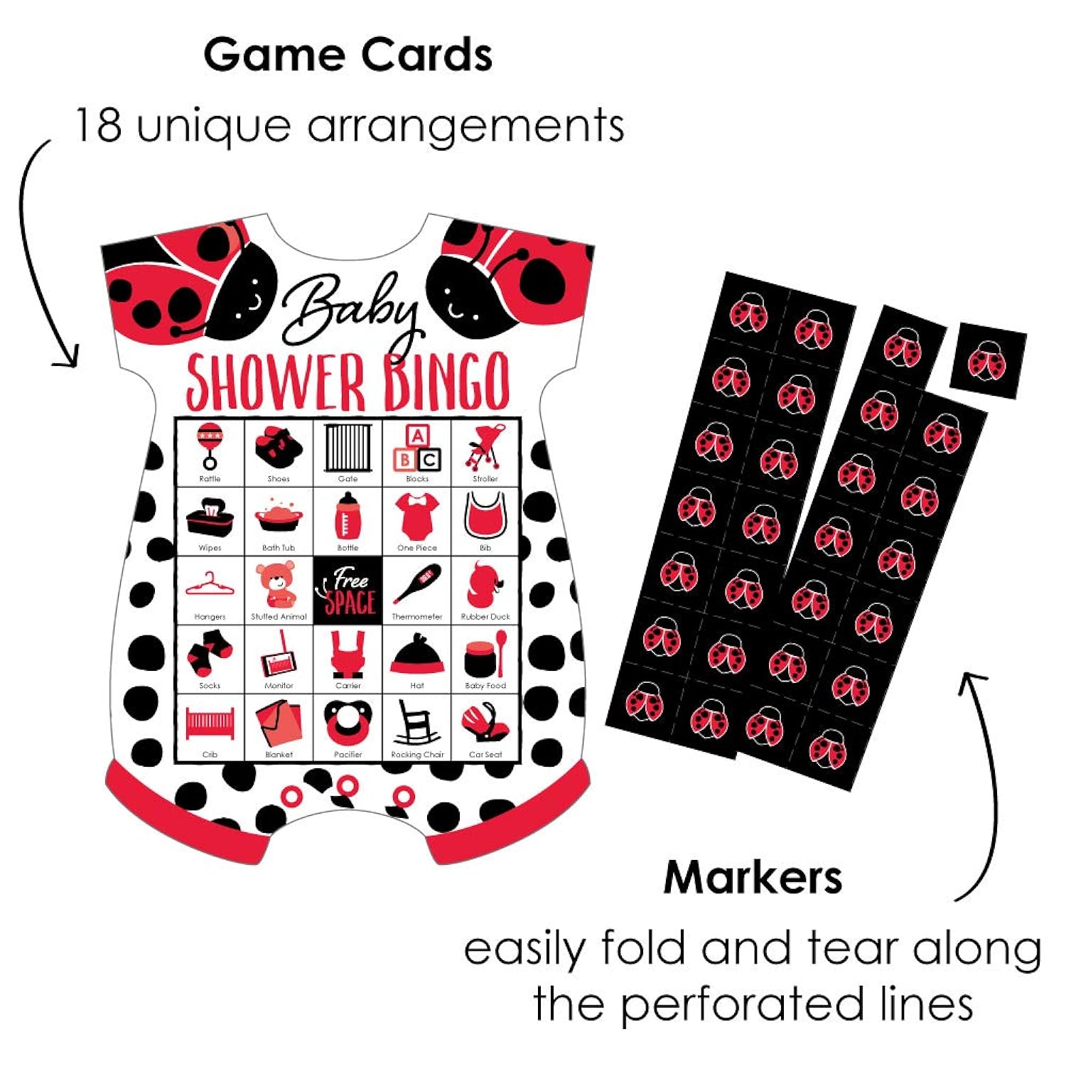 Big Dot of Happiness Happy Little Ladybug - Picture Bingo Cards and Markers - Baby Shower Shaped Bingo Game - Set of 18
