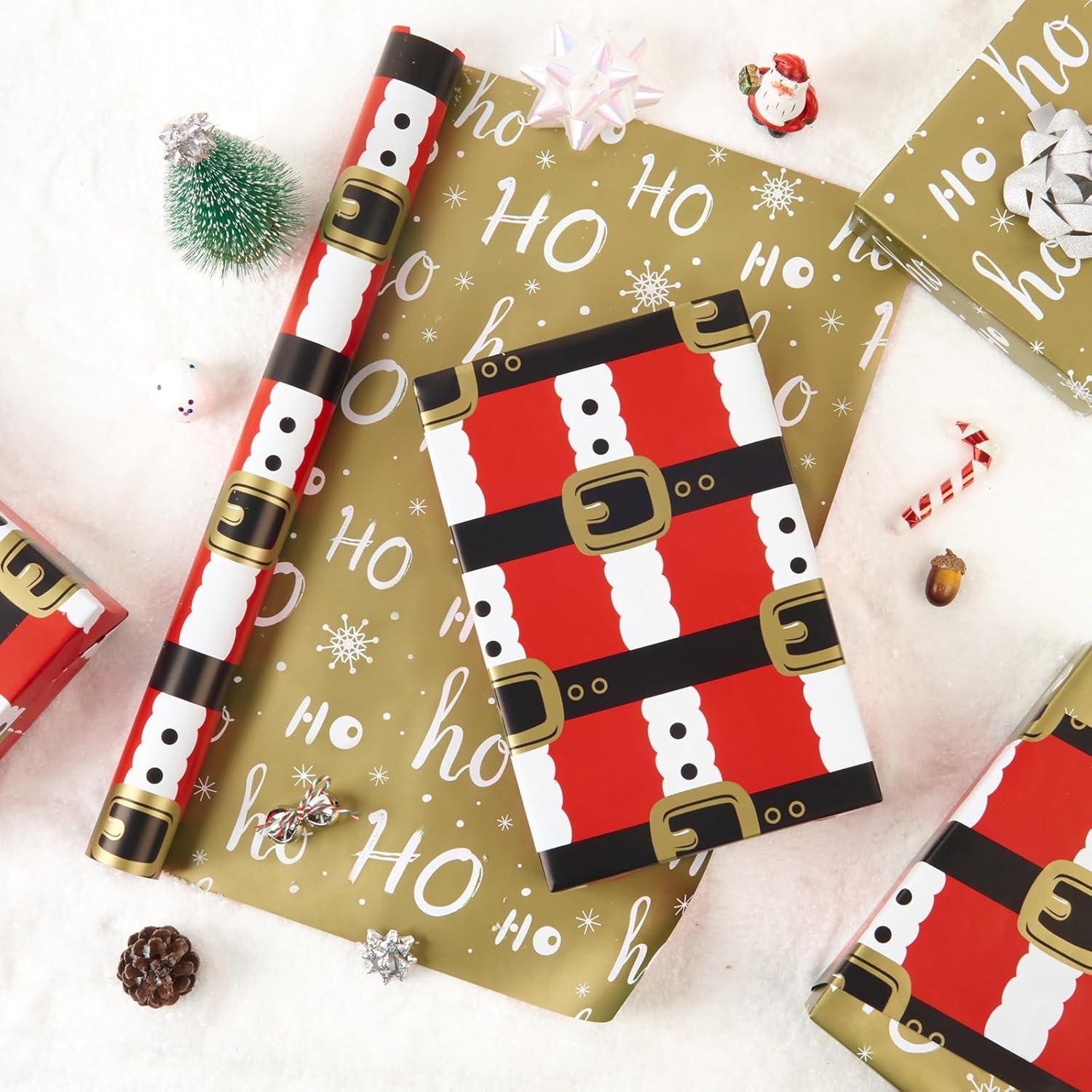 Christmas Gift Wrapping Paper Roll - 1 Roll 17”X 33 Ft Reversible Santa Claus Belt Wrapping Paper For Kids Red And Gold Gift Wrap For Christmas Holiday Party Supplies
