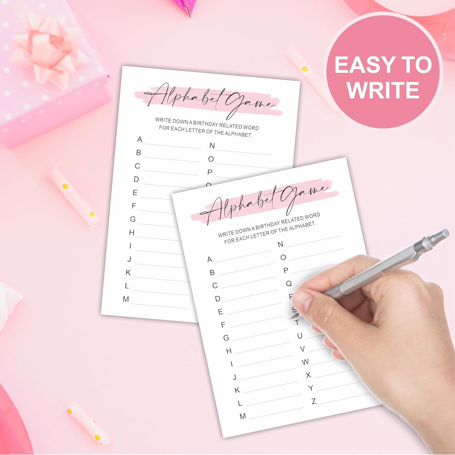 Minimalism Birthday Party Game Cards - Alphabet Game - 20 Blush Double-Sided Fill In Style Birthday Party Game Cards For Adults, Party Supplies & Activities - A07