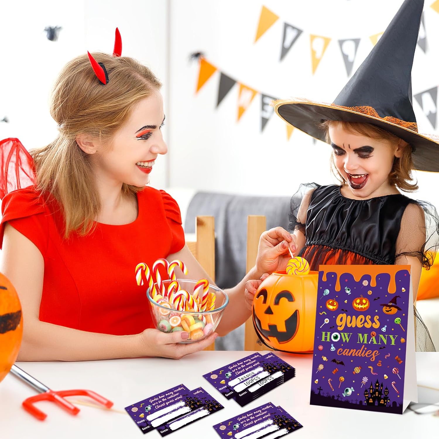 Guess How Many Candies Halloween Party Game For Kids Adults, 50Pcs Guessing Game Cards For Halloween Activities Birthday Baby Shower Party Favors, 1 Sign And 50 Guessing Cards