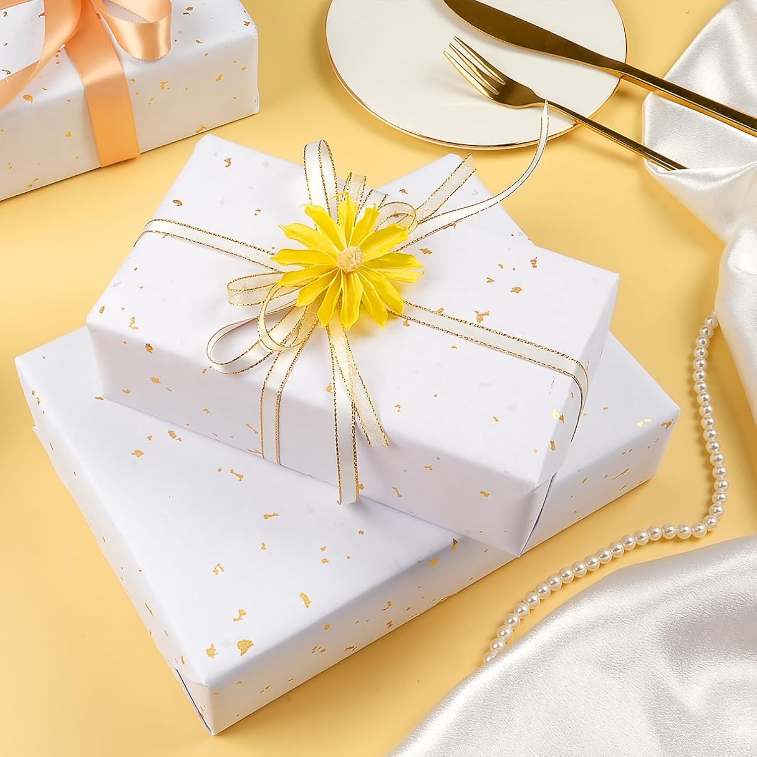 Gift Wrapping Paper Roll - 17Inch×33Feet, White And Gold Foil Wrapping Paper, Silver And Gold Foil Flake Design, Matte Kraft Gift Wrap Paper For Birthday Wedding Baby Shower Christmas And All Occasions