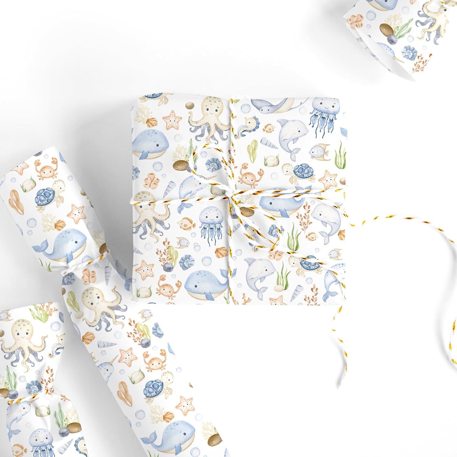 Under The Sea Wrapping Paper -Mini Roll- 17In X 32.8Ft Watercolor Ocean Animal Gift Wrap Paper Cute Craft Paper For Summer Birthday Party Packing Supplies