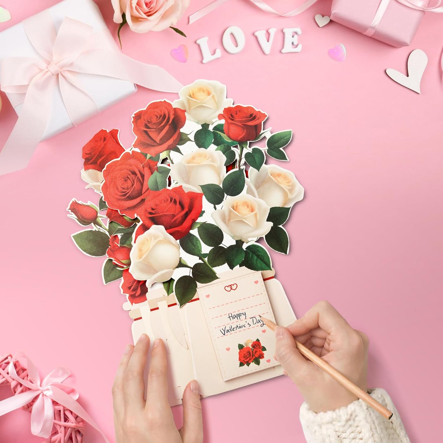 Valentine’S Day Cards, Lights And Music 3D Pop Up Valentines Card,10 Inch Life Sized Forever Rose Flower Bouquet, Anniversary Day Card For Her Him Wife Husband Couple(Blank Notecard & Envelope)