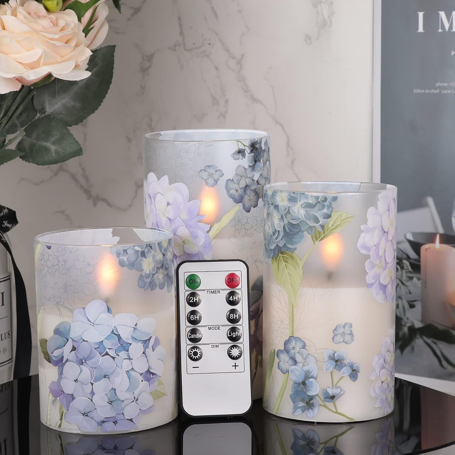 Hydrangea Glass Flameless Candles With Remote Timer Battery Operated Led Flickering Pillar Candles Real Wax Spring Dinner Christmas Holiday Decor D3 X H4, 5", 6"