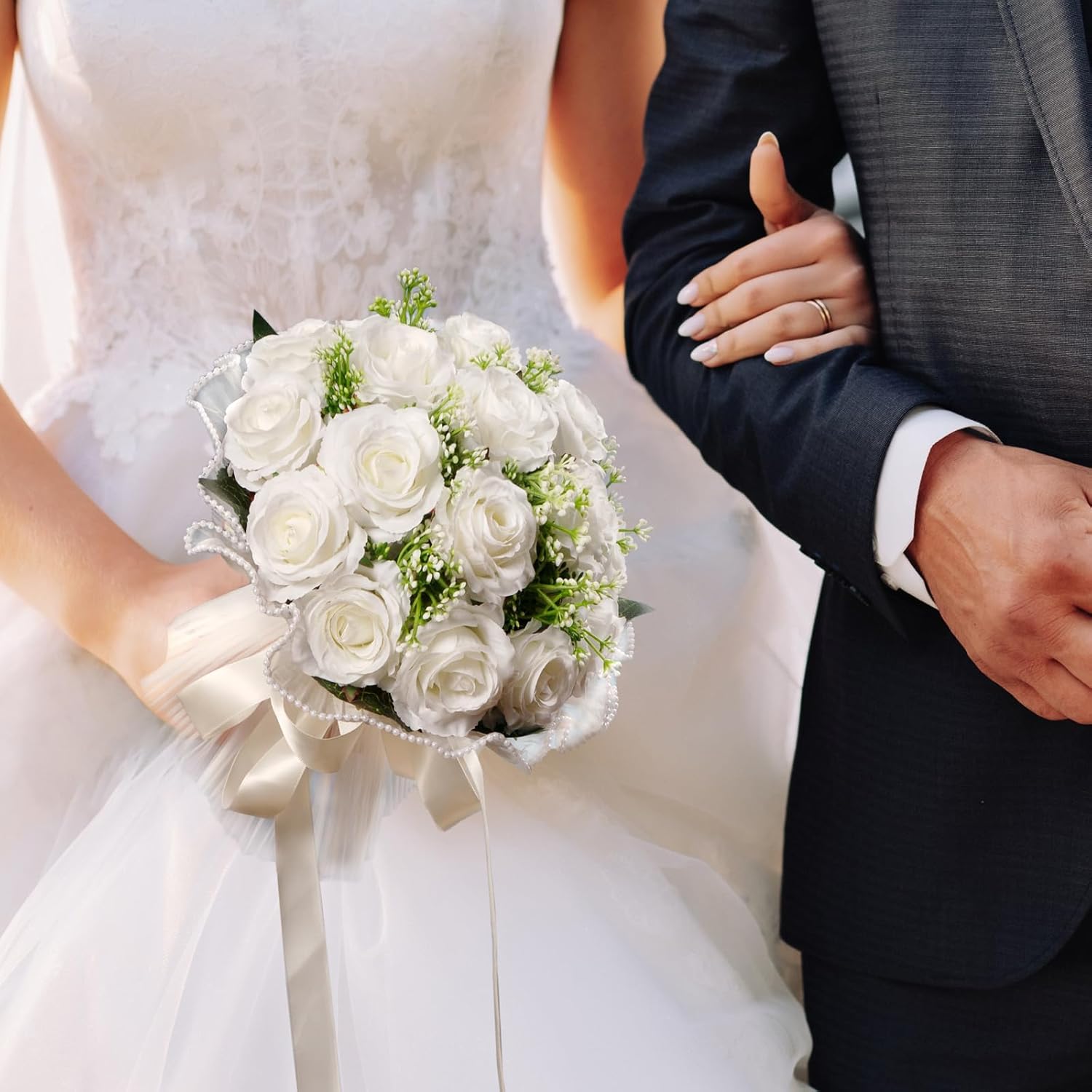 Wedding Bouquets For Bride, Ivory White Bridal Bridesmaid Wedding Flowers, Artificial Toss Rose With Silk Ribbon For Civil Ceremony