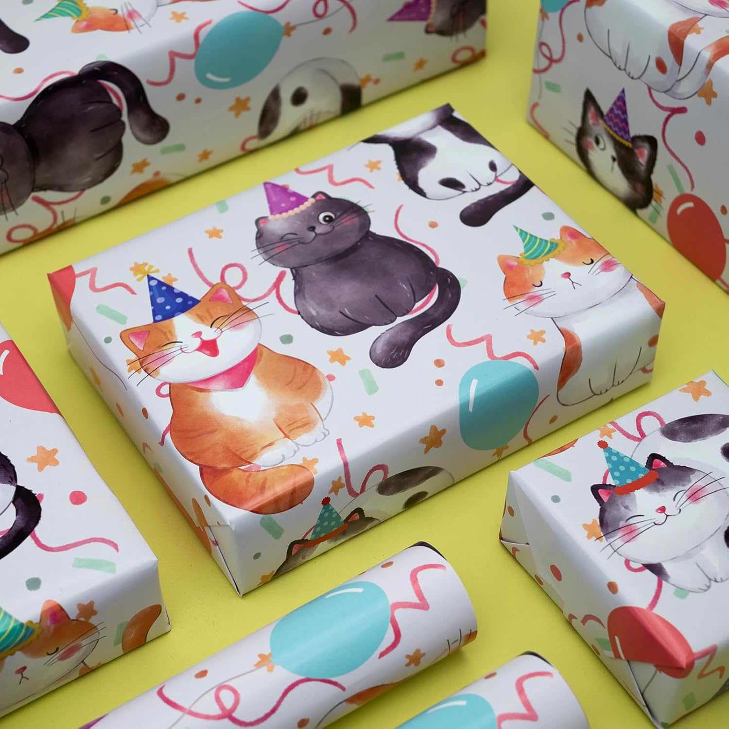 Cat Birthday Wrapping Paper - Happy Birthday - Funny Wrap For Girls Boys Women Baby Shower Holiday - 20 X 28Inch Per Sheets (6 Sheet)