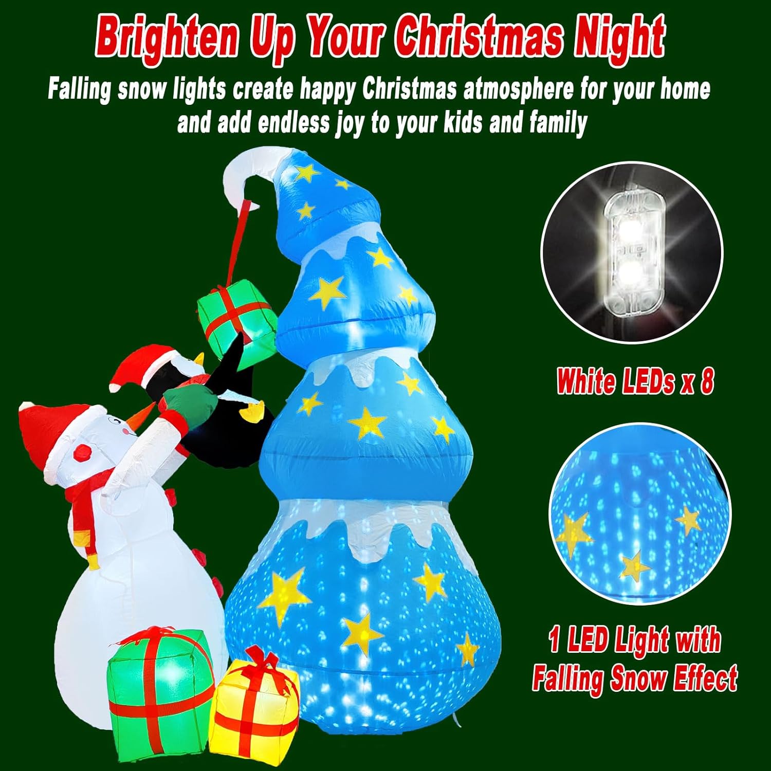 8Ft Christmas Inflatables Snowman Yard Decoration, Blow Up Christmas Tree Penguin Gift Box Outdoor Decorations With Fall