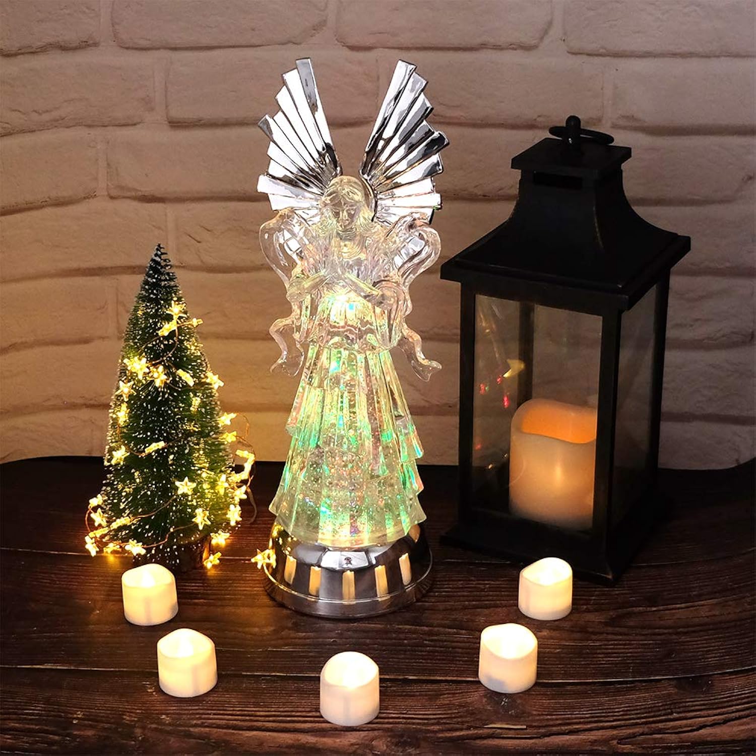 14" Angel Snow Globe Lantern Battery Operated With 6 Hour Timer Color Changing Led Light Praying Angel Swirling Glitter Water Lamp Thanksgiving Christmas Holiday Decor Gift