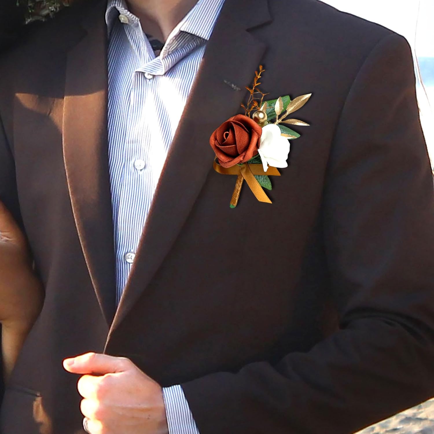 Wedding Wrist Corsage And Boutonniere Set For Bride Bridesmaids Mother Groom Groomsmen Parents Floral Suit Buttonhole Pocket Flower Decor For Prom Homecoming Tea Party Formal Dinner (Terracotta)
