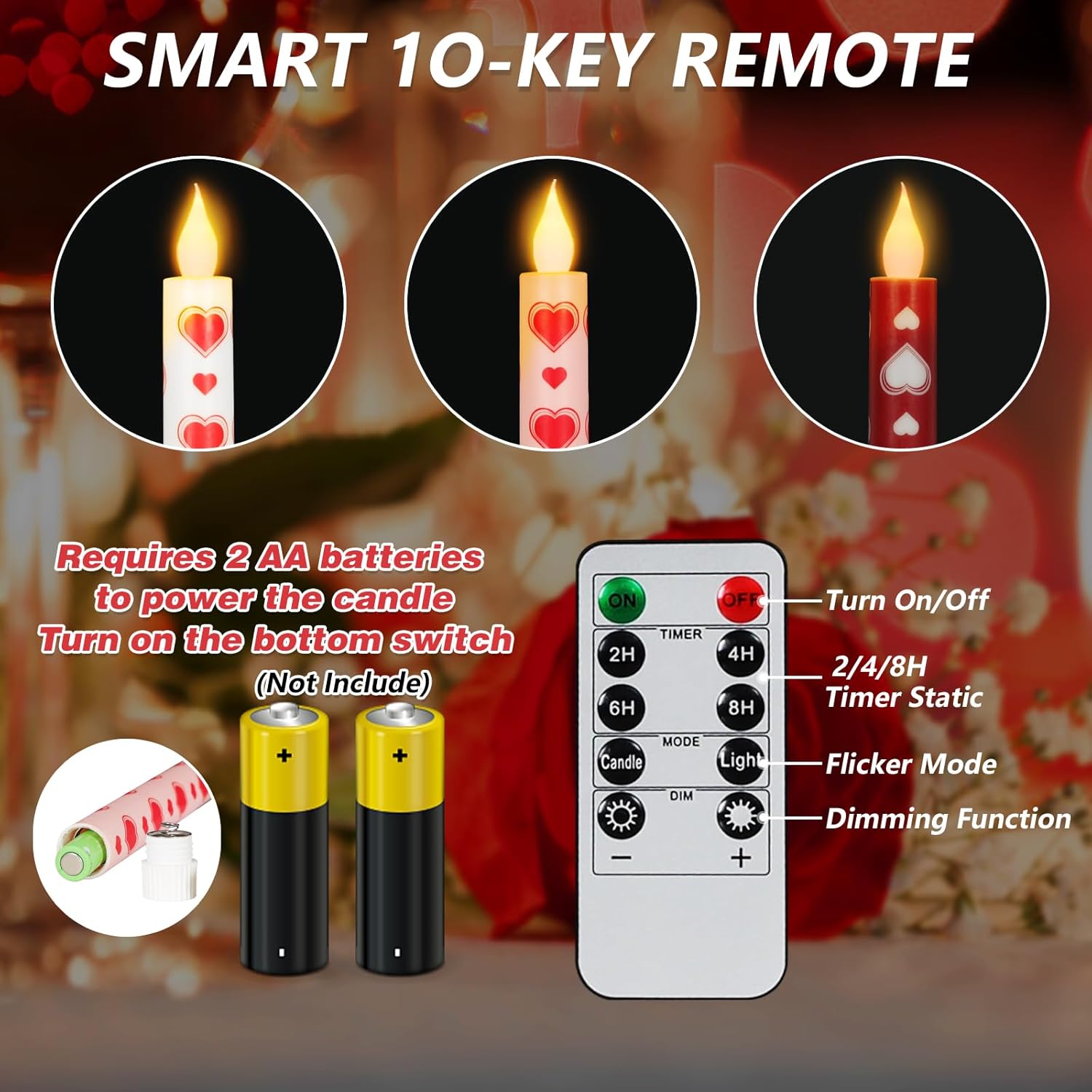 6Pcs Valentine'S Day Flameless Taper Candle - 10.63" Heart Love Candle With Remote,Pink Red Battery Operated Led Candlesticks,Valentines Gifts For Wedding Anniversary Romantic Night Party Decor