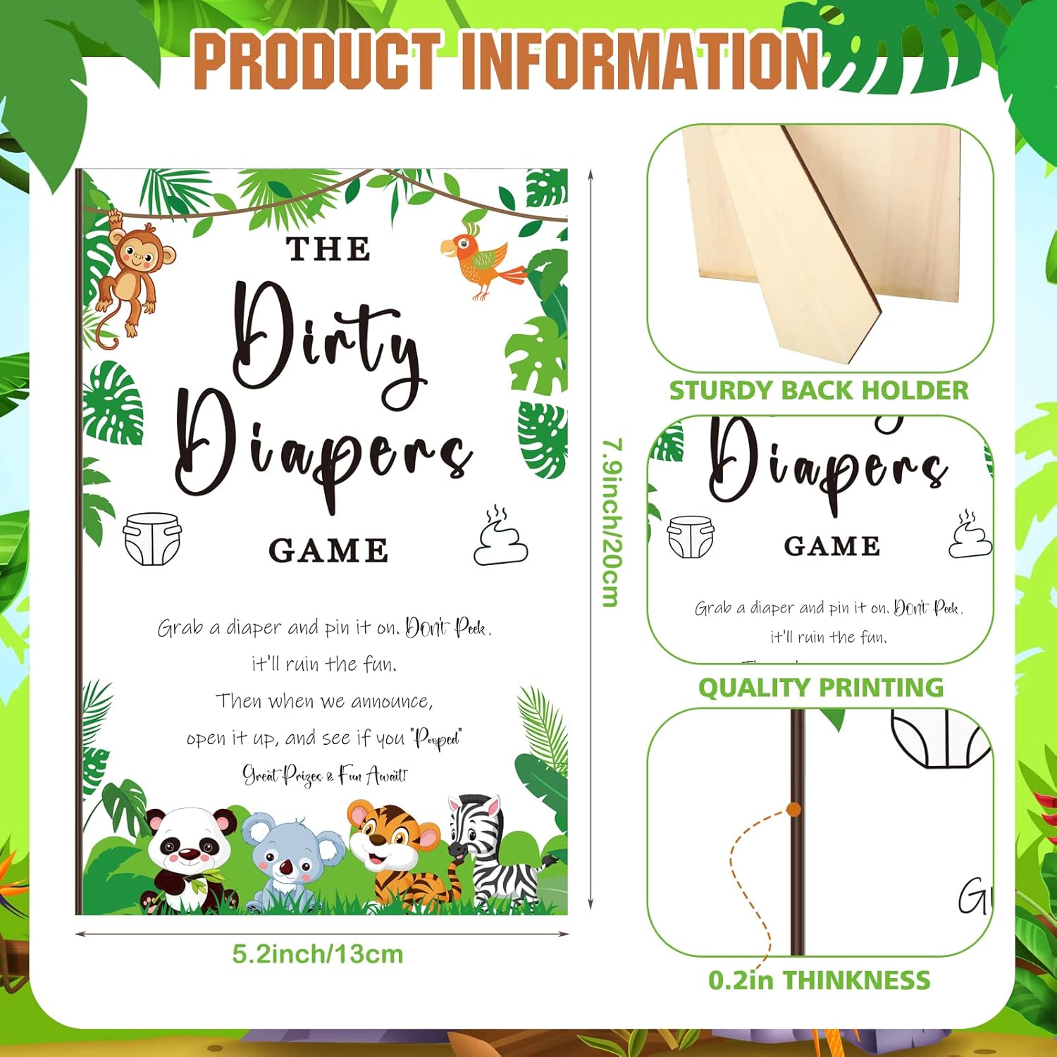 51 Pcs Dirty Diaper Wooden Game Sign Baby Shower Game Sign Dirty Diaper Instruction Sign 50 Pcs Mini Diapers Cute Felt Diaper For Game Gender Neutral Party Baby Shower Game (Animal)