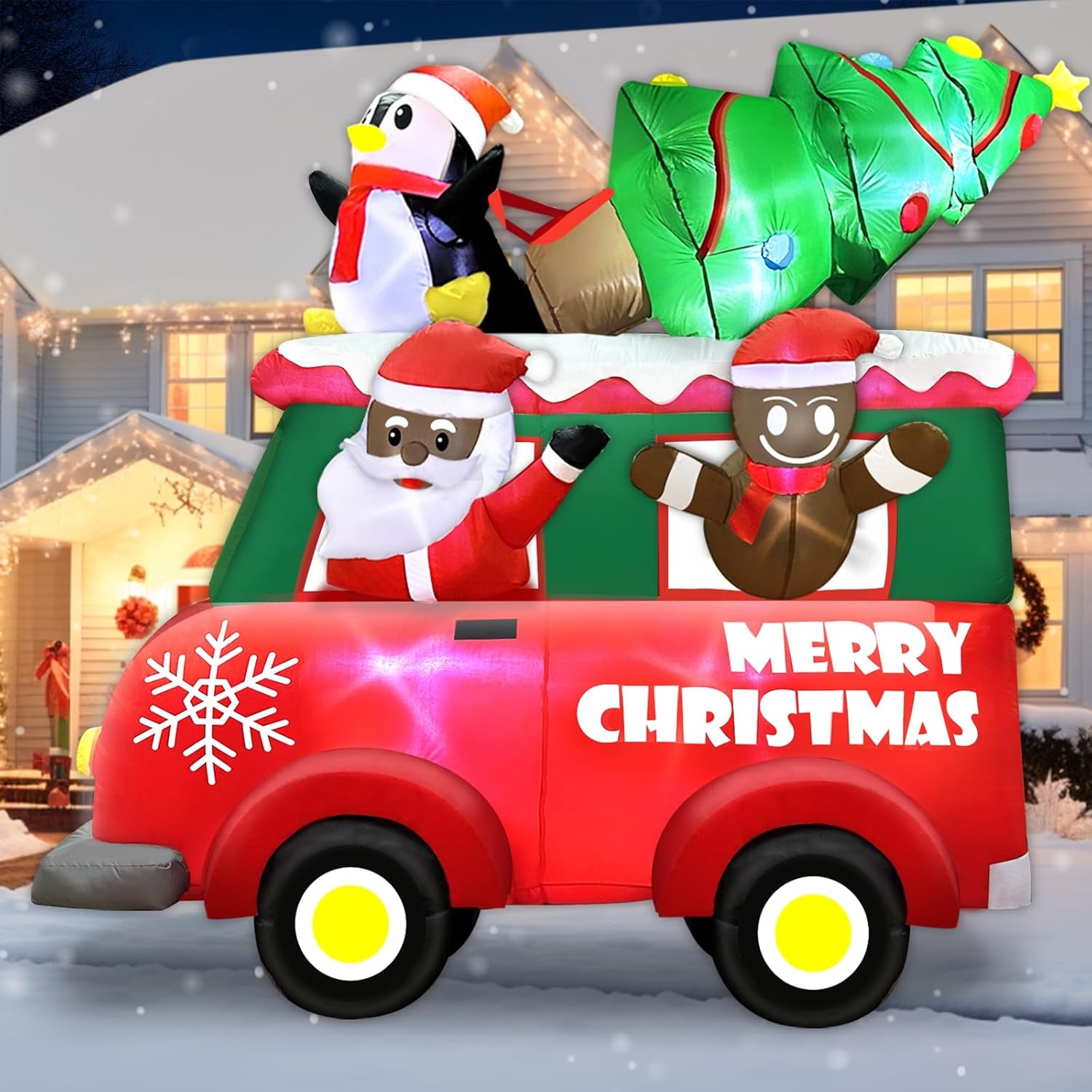 8 Ft Tall 8 Ft Long Giant Christmas Inflatable Black Santa Claus In Truck Outdoor Decoration With Gingerbread Penguin Xm