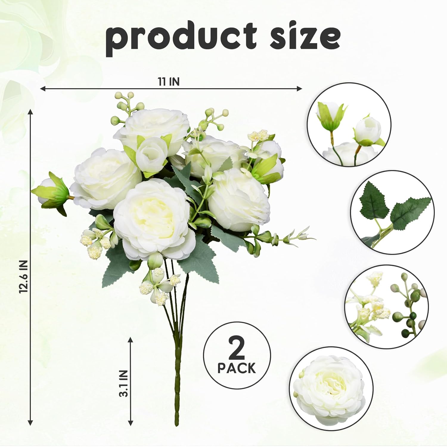 2 Pack Artificial Flowers Bouquet, 10 Pcs Austin Roses Silk Flowers Heads, Fake Peonies Flower For Home Decor Table Centerpieces Wedding Bridal Bouquet Mother'S Day Valentine'S Day, White