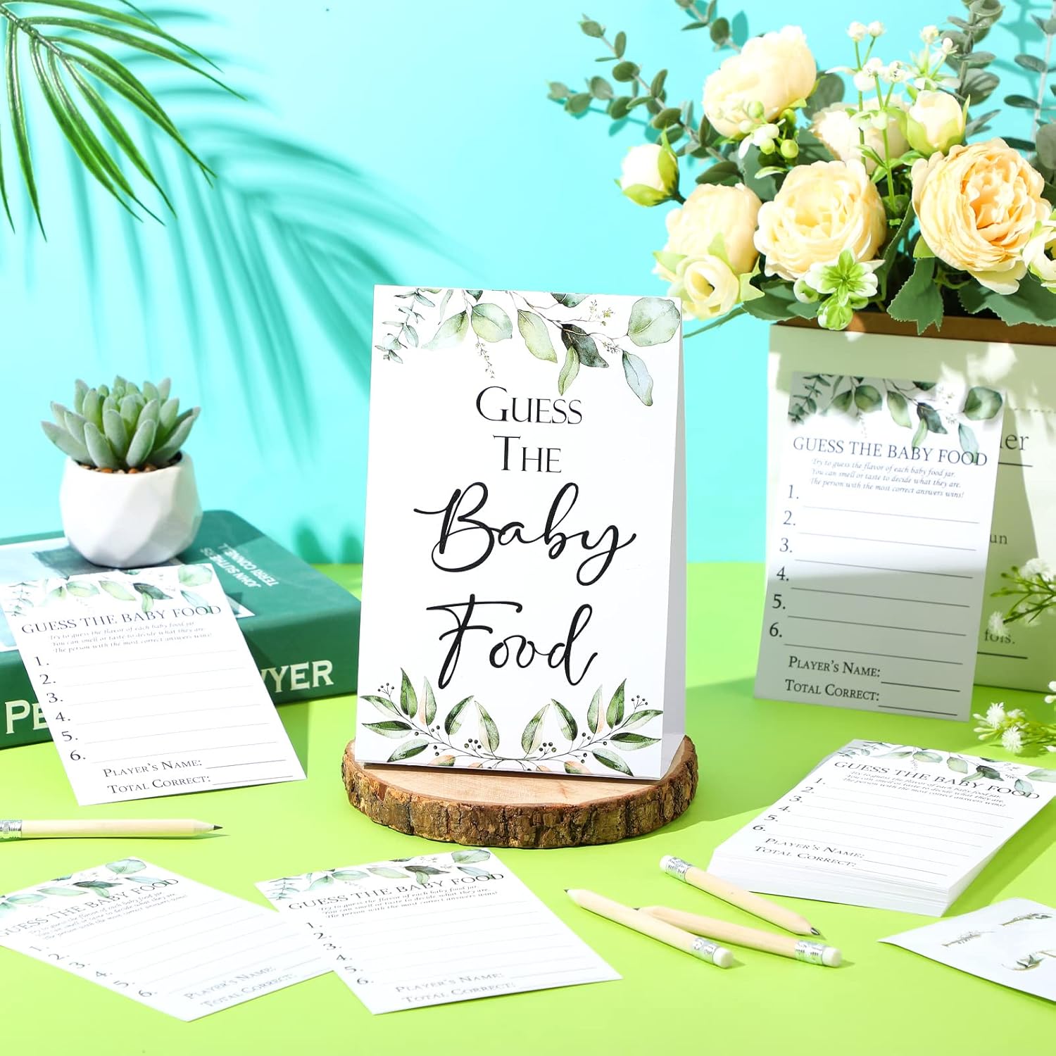 67 Pcs Guess The Baby Food Game Greenery Baby Shower Games Set 1 Standing Sign 50 Answer Cards 10 Pencils 6 Number Stickers For Gender Reveal Party Decoration Supplies