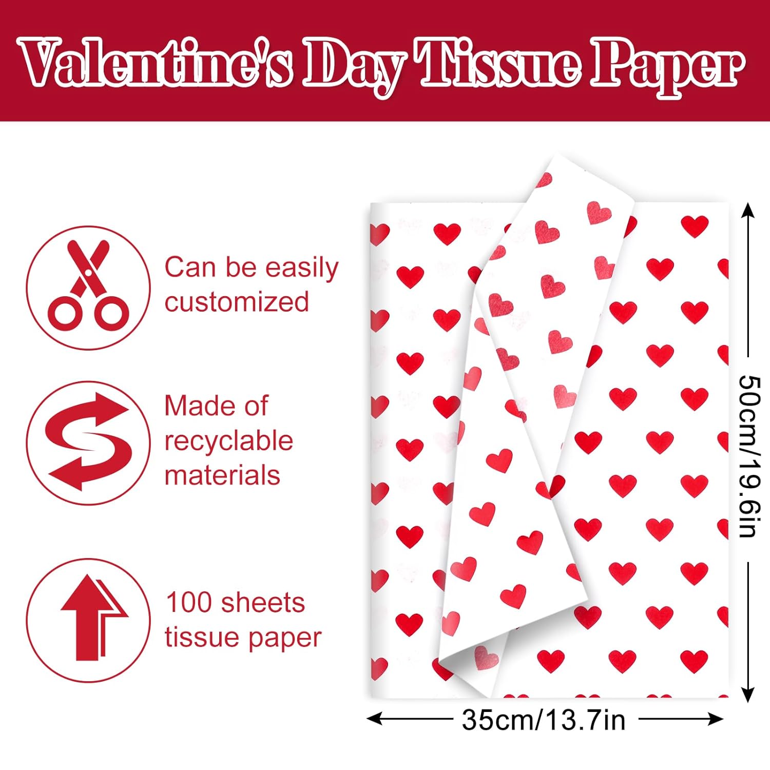 100 Sheets Valentine'S Day Tissue Paper Red And White Heart Wrapping Paper Romantic Art Craft Gift Packing For Diy Mother'S Day Wedding Anniversary Birthday Baby Shower Holiday Party Decor
