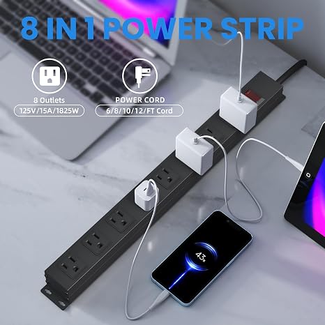 8 Outlet Metal Heavy Duty Power Strip 12FT 14AWG Cord Wall Mount Industrial Black