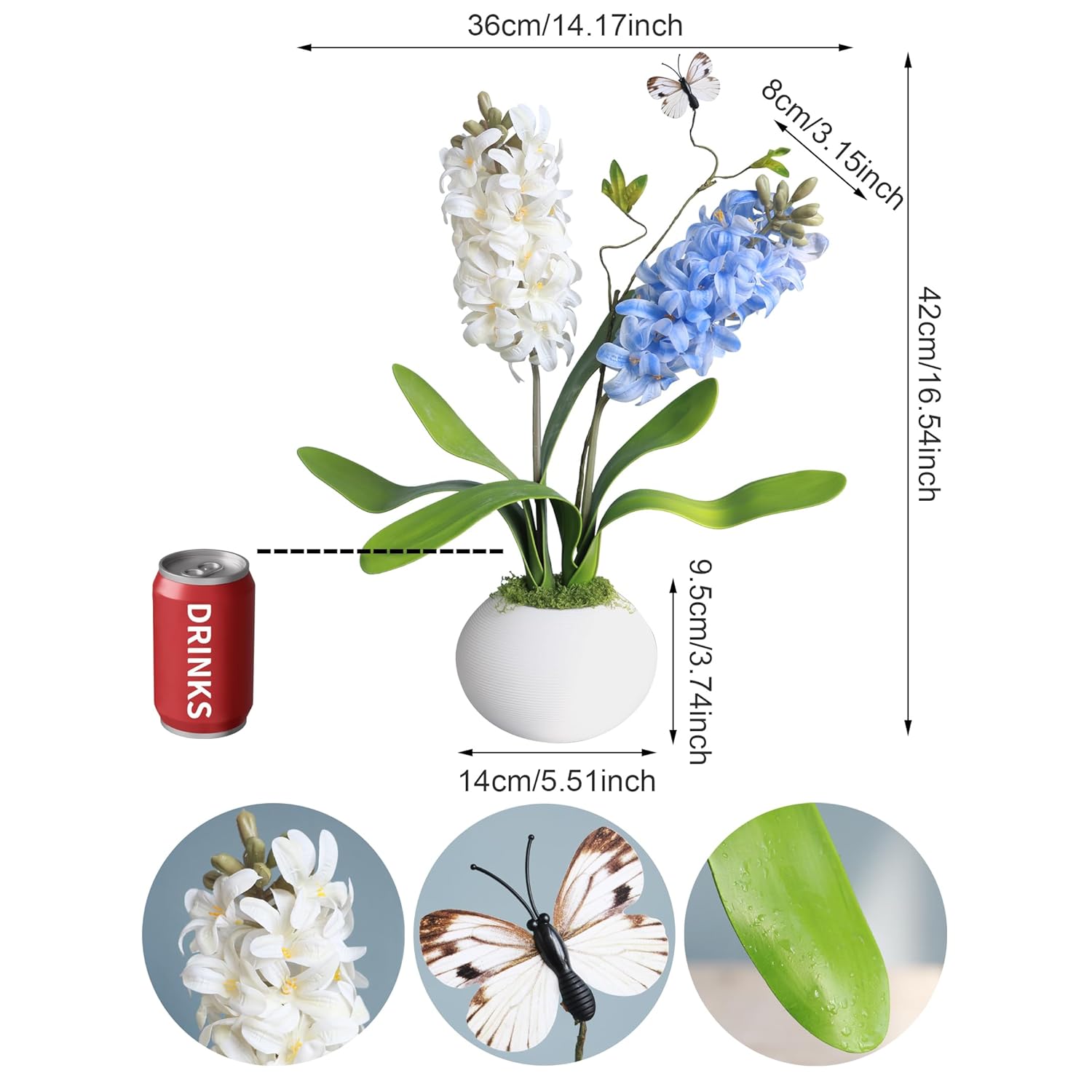 Real Touch 16.5" Hyacinth Potted Plants In Vase Artificial Delphinium Fake Flowers With Pot For Bathroom Decor Indoor Home Decorations Room Table Centerpieces Arrangements
