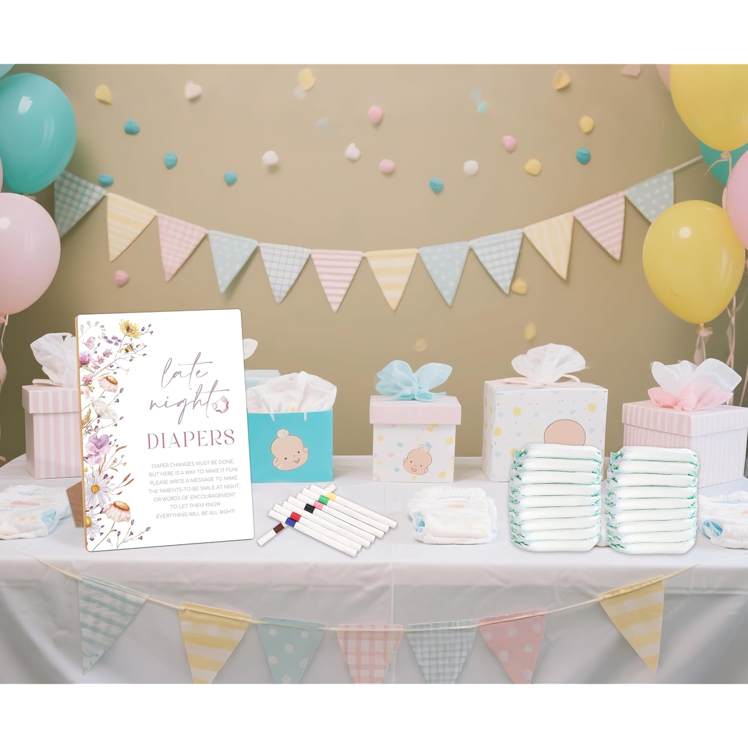 13 Pcs Late Night Diapers Baby Shower Games, Include Wood Sign And 12 Pens, Gender Reveal Games, Baby Shower Games Table Sign, Flower Decorations, Newborn Announcement Party Decor Supplies