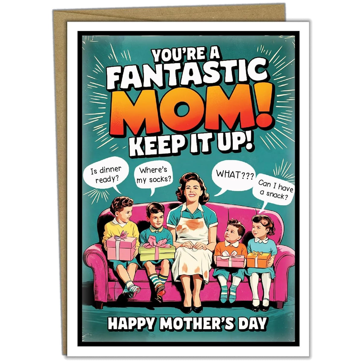 - Funny Mothers Day Card From Us, (Handmade In Usa), Funny Mothers Day Cards For Mom From Kids, Boutique Style, Retro Mid-Century Design, Premium Cardstock 5X7, Personalize (Blank Inside)