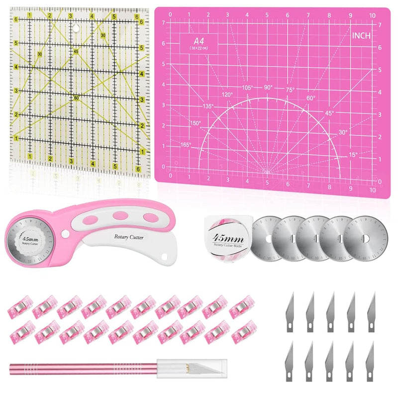 39 Pcs Rotary Cutter Set Pink - Quilting Kit Incl. 45Mm Fabric Cutter With 5 E