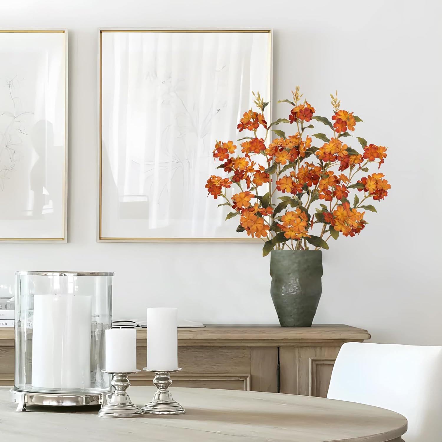 Fall Artificial Hydrangea Flower Stems, 33.5" Silk Blossom Sprays With Bendable Stems, Set Of 3 Faux Floral Branches For Tall Vase Arrangements, Orange