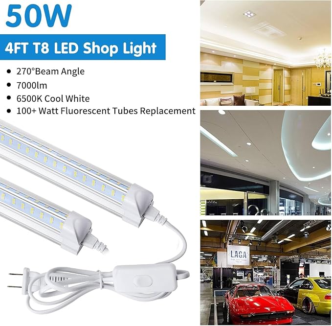 4 Pack 4FT LED Shop Lights 50W 7000LM 6500K V Shape Linkable Fixtures for Garage Workshop Warehouse