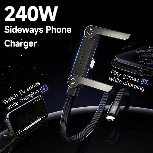 240W USB C to USB C Braided Fast Charging Cable with Built In Phone Stand Black