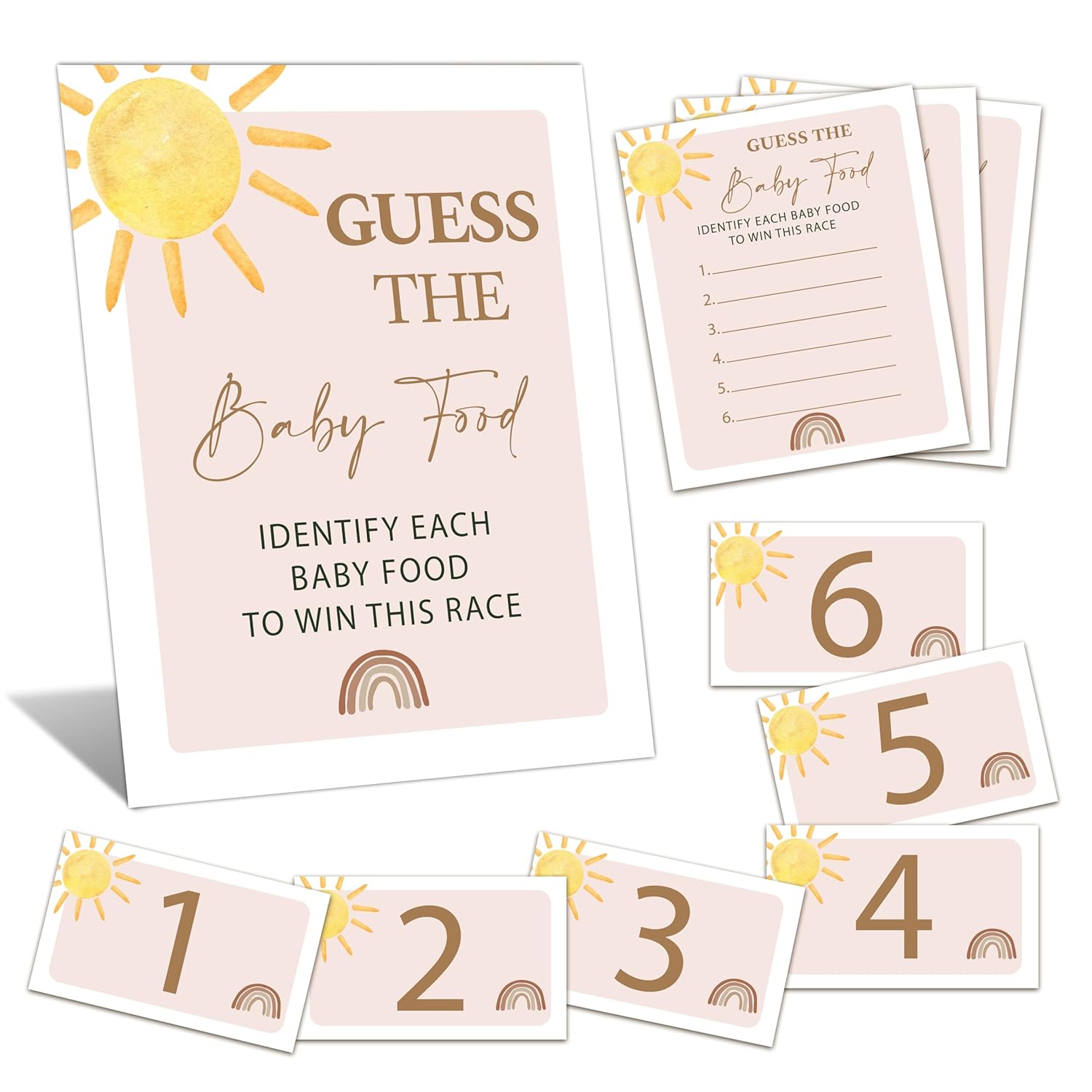 Guess The Baby Food Game Shower, 8X10 Inches Sign 25 Answer Cards And 6 Number Cards, Boho Sunshine Shower Party Decorations Supplies Favors - E04