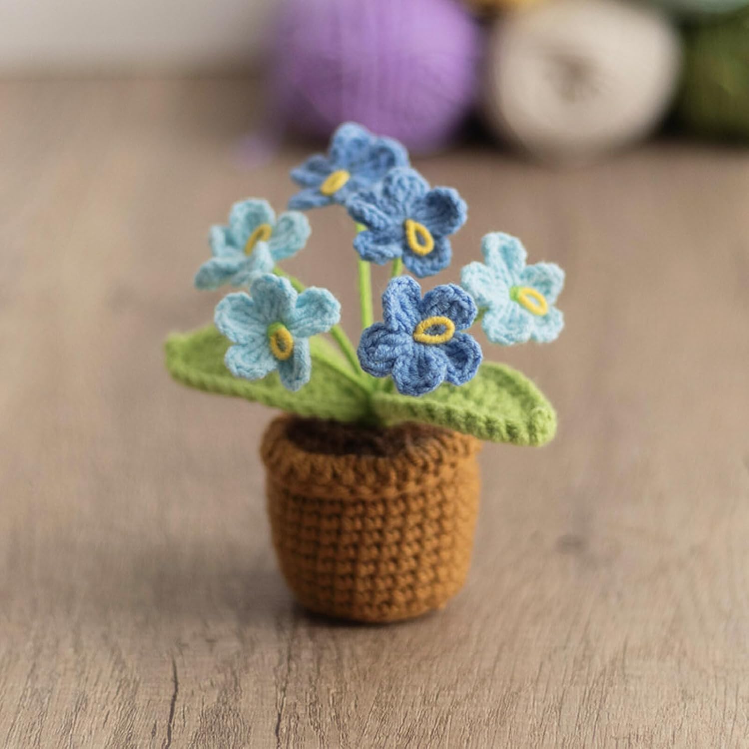 Crochet Flowers Cute Potted Flower Birthday Teacher’S Day Graduation Anniversary Christmas Valentines Decor For Car Dashboard Home Office Decoration (Blue Gradient Myosotis)