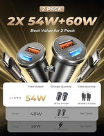 2-Pack 54W USB-C Car Charger, Fast Charging PD+QC3.0 for iPhone, Samsung, Pixel