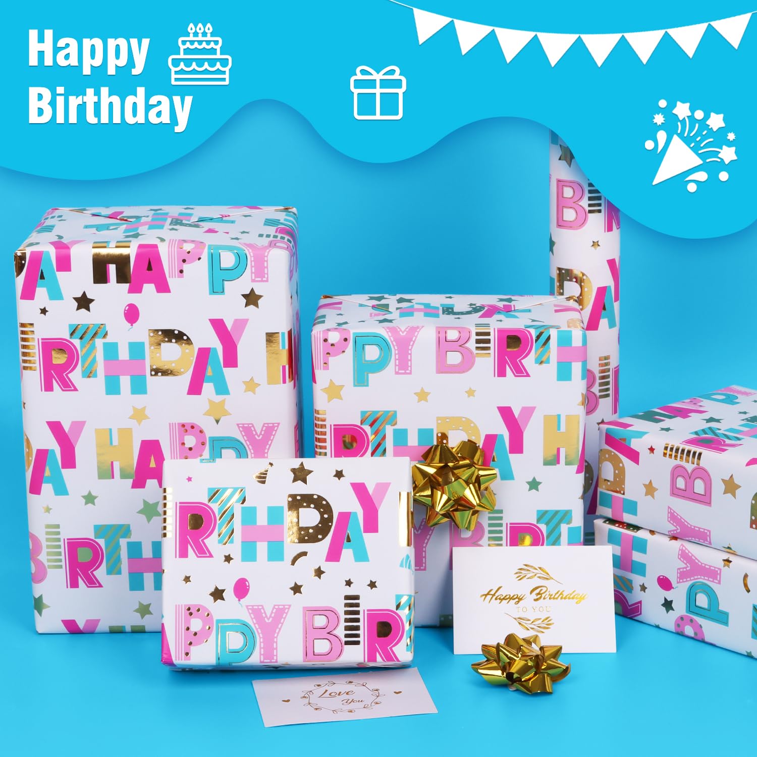 Birthday Wrapping Paper Roll - 1 Roll(17" X 33Ft) - Pastel Happy Birthday Gift Wrap Supplies For Kids