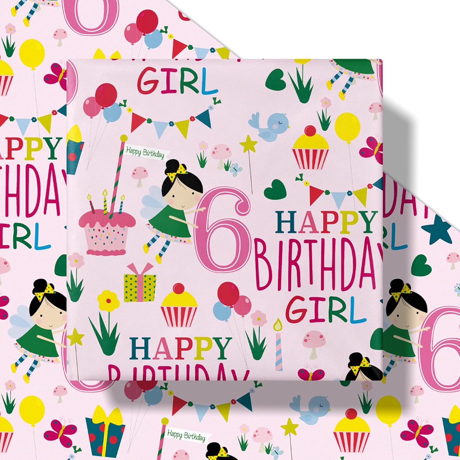 Happy 6Th Birthday Wrapping Paper Roll For Girls, Mini Roll, Pink Happy Birthday Girl Pattern Design For Party And More, 17 Inches X 16.4 Feet, 6 Years Old