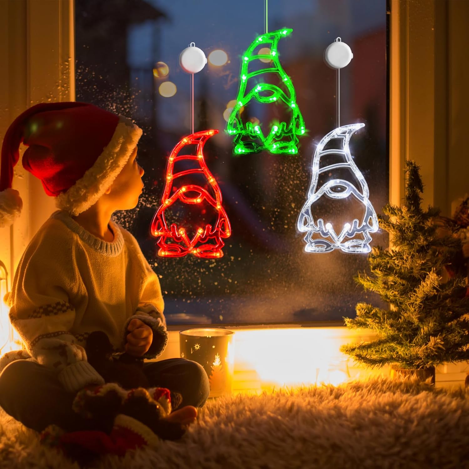 Christmas Window Lights 3 Pack Red White And Green Gnomes Xmas Lights With Suction Cups 2024 Upgrade Timer Function And