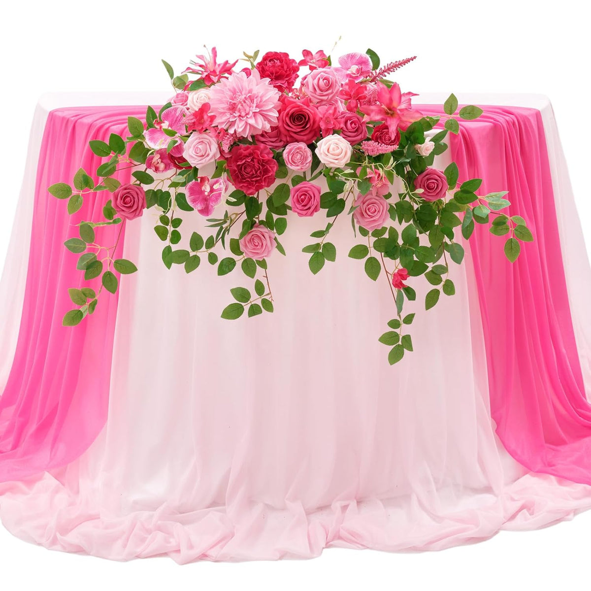 Artificial Sweetheart Flower Swag With Table Cloth And Table Runner, Pack Of 3 Floral Arrangement For Wedding Sweetheart Table Centerpiece Decoration Valentine'S Day (Hot Pink)