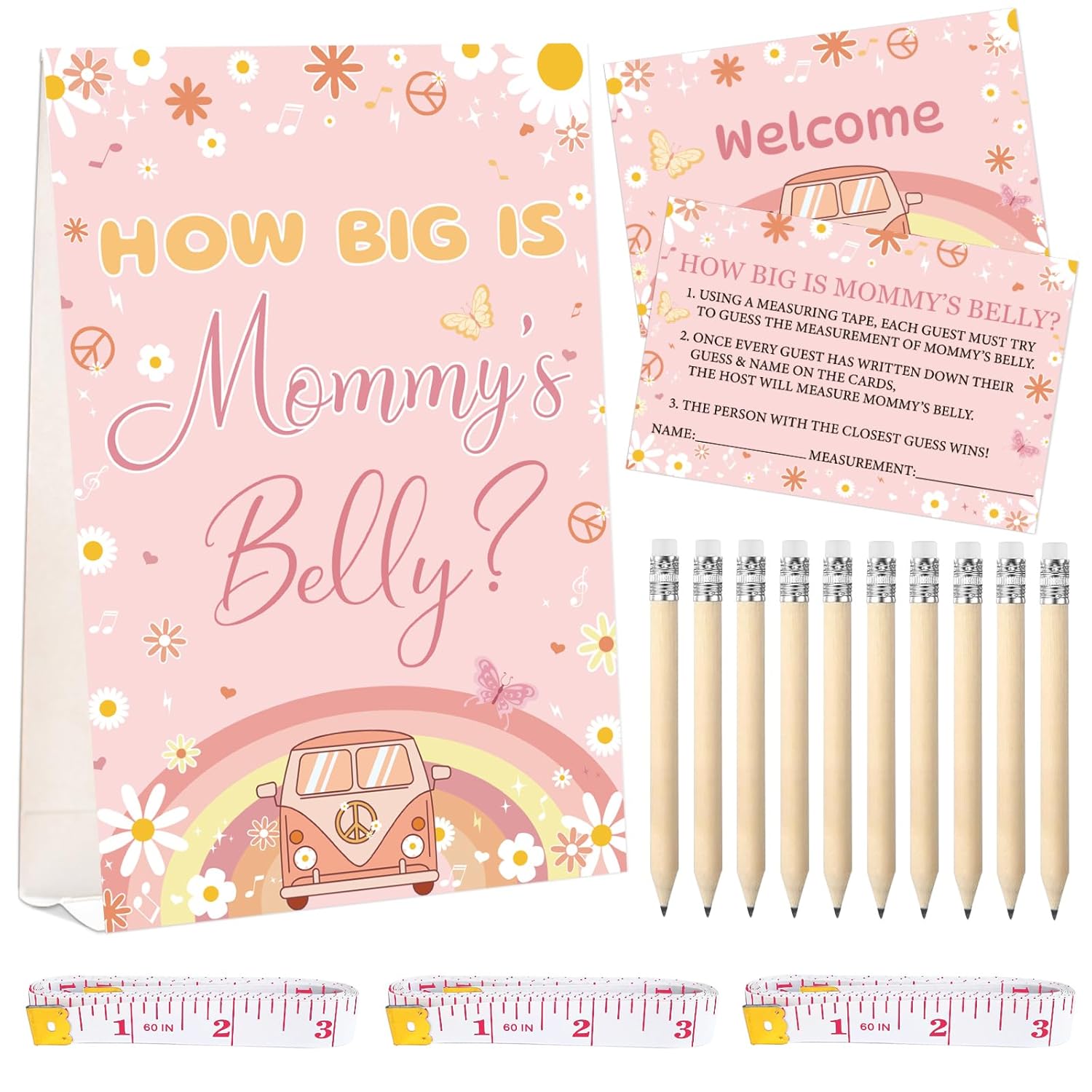 64 Pcs Guess Baby Shower Games Include How Big Is Mommy'S Belly Sign 50 Guessing Cards 10 Pencils 3 Measuring Tapes For Measure The Belly Baby Shower Game Gender Reveal Party (Rainbow)