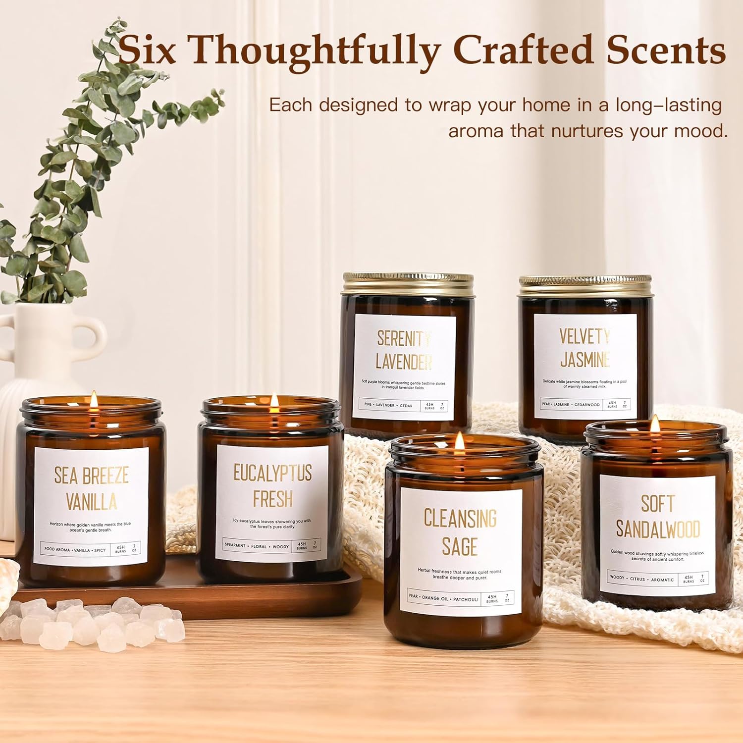 Scented Soy Candles Set For Women - 6 Pack 42Oz 300Hour Candle For Home Scented, Lavender Vanilla Eucalyptus Sage Jasmine Sandalwood Candle For Spring Summer, Natural Soy Wax Aromatherapy Candles