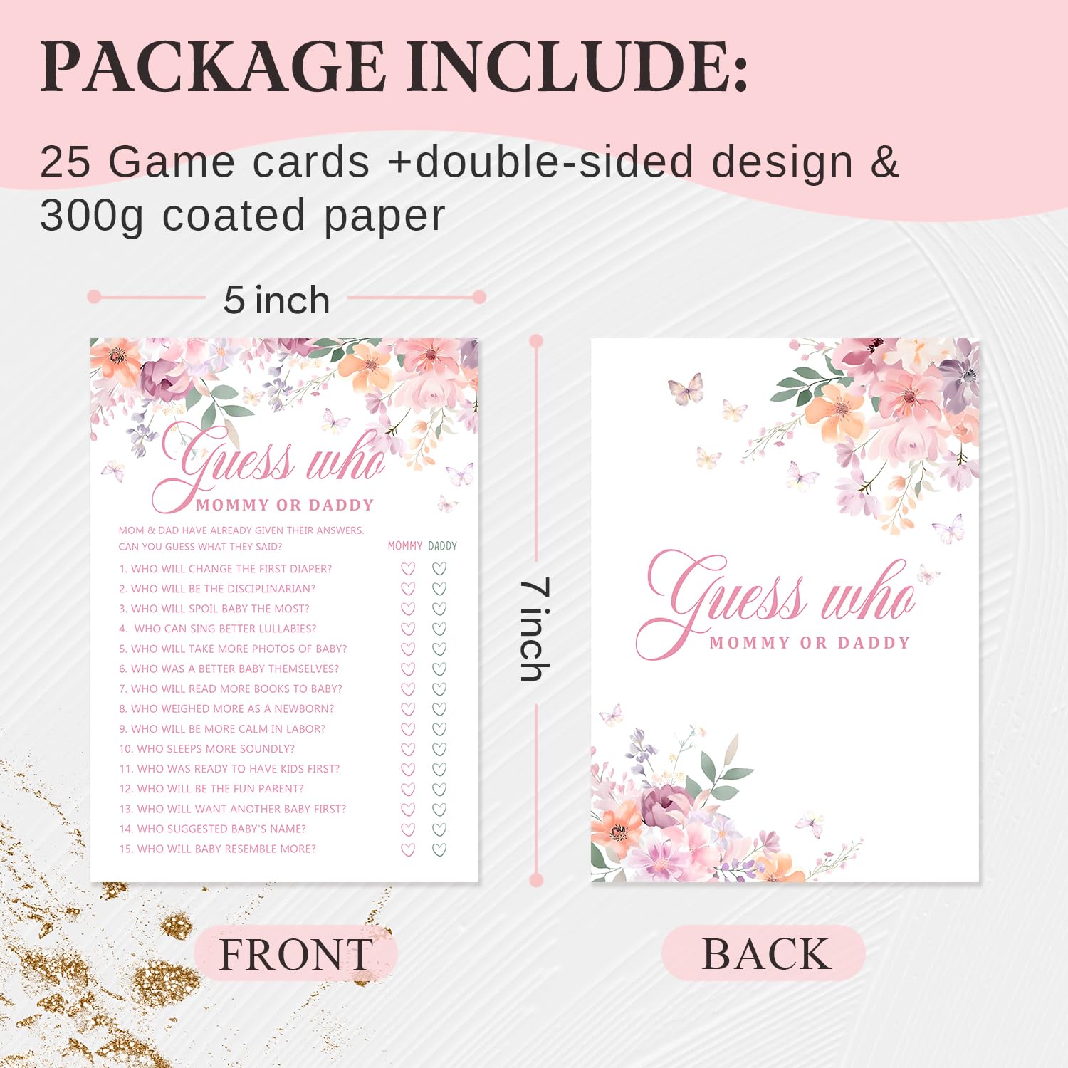 Baby In Bloom Baby Shower Games, Guessing Who Mommy Or Daddy Game For Girl, 5X7 In & 25 Pcs Floral Game Cards For Party Decorations-B01