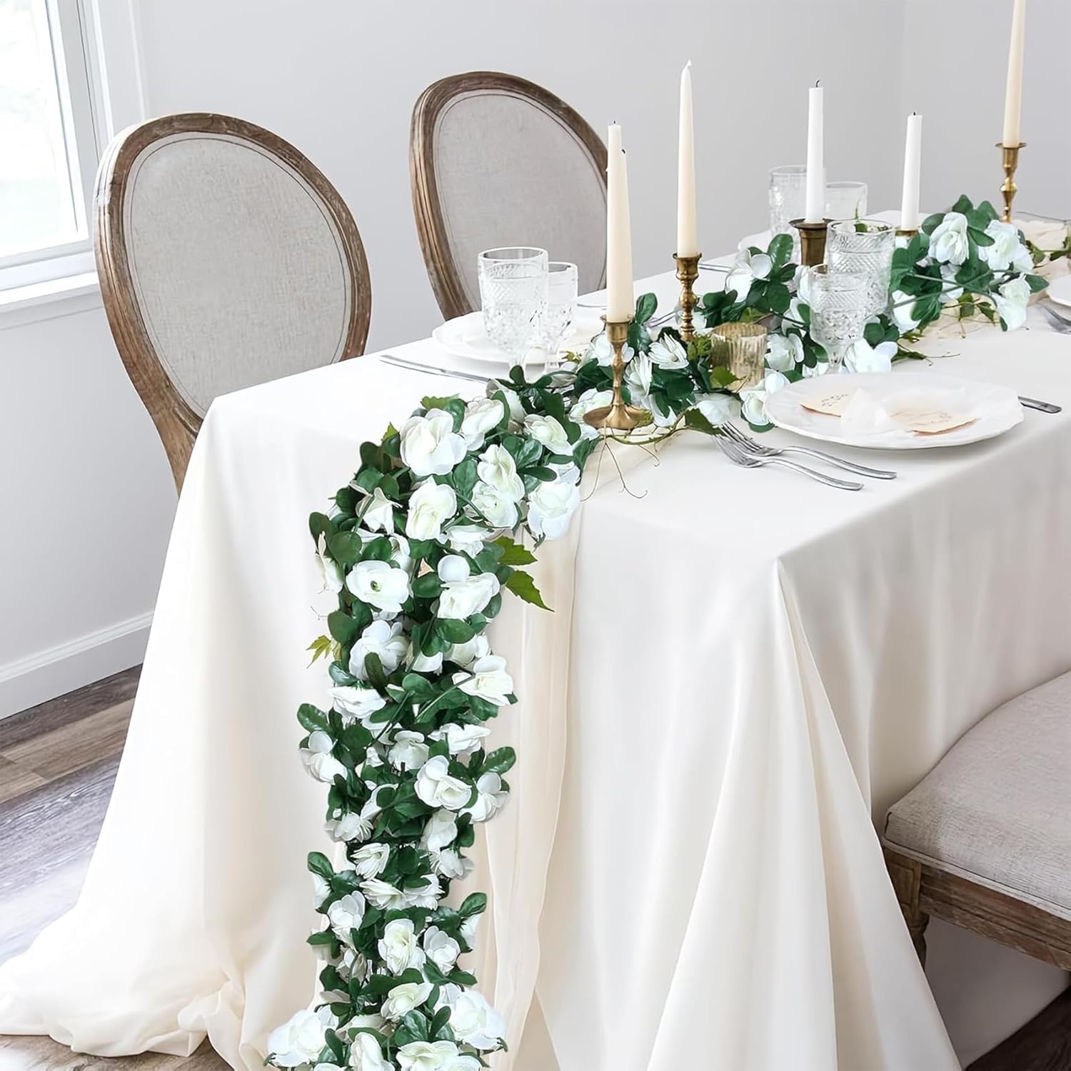 3Pcs Artificial Flowers Spring Flower Garland 23.7Ft Artificial Rose Vine Hanging Decoration For Wedding Wall Arch Party Backdrop (White)