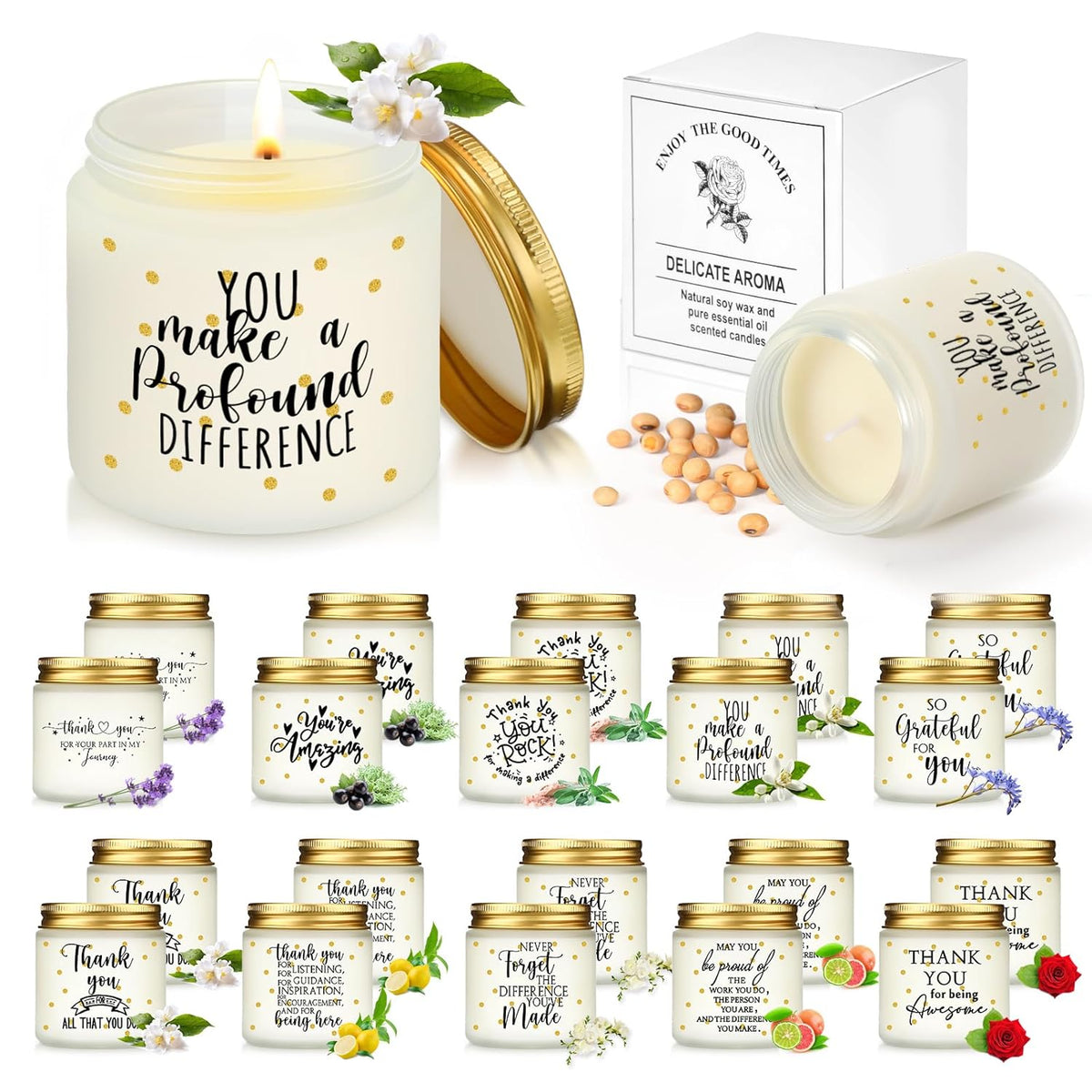 20 Pcs Thank You Candle 3.5 Oz Christmas Employee Appreciation Gifts Bulk Soy Wax Jar Inspirational Candle For Coworkers Team Staff Office Nurse Teacher, 10 Scent(Fresh Scents)