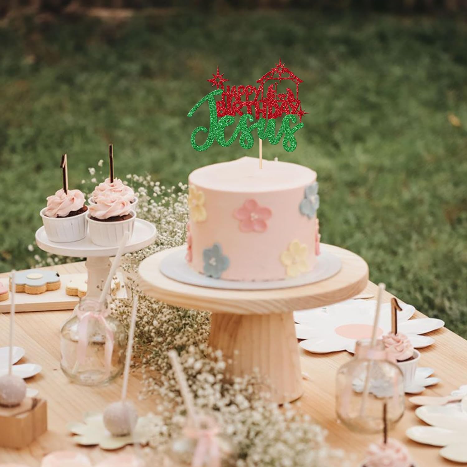 1 Pcs Happy Birthday Jesus Cake Topper Glitter Merry Christmas Nativity Jesus Birthday Cake Pick For Nativity Scene Theme Christmas Jesus Birthday Party Cake Decorations Supplies Green Red