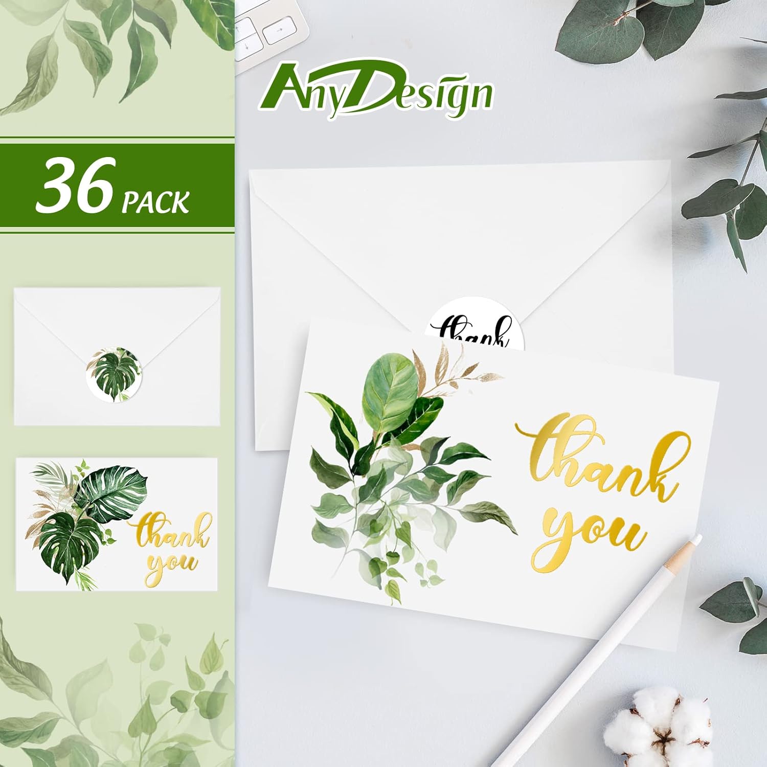 36 Pack Summer Thank You Cards Bulk Tropical Palm Leaves Thank You Note Cards With Stickers Envelopes Gold Foil Thank You Greeting Cards For Baby Shower Wedding Birthday Party Graduation