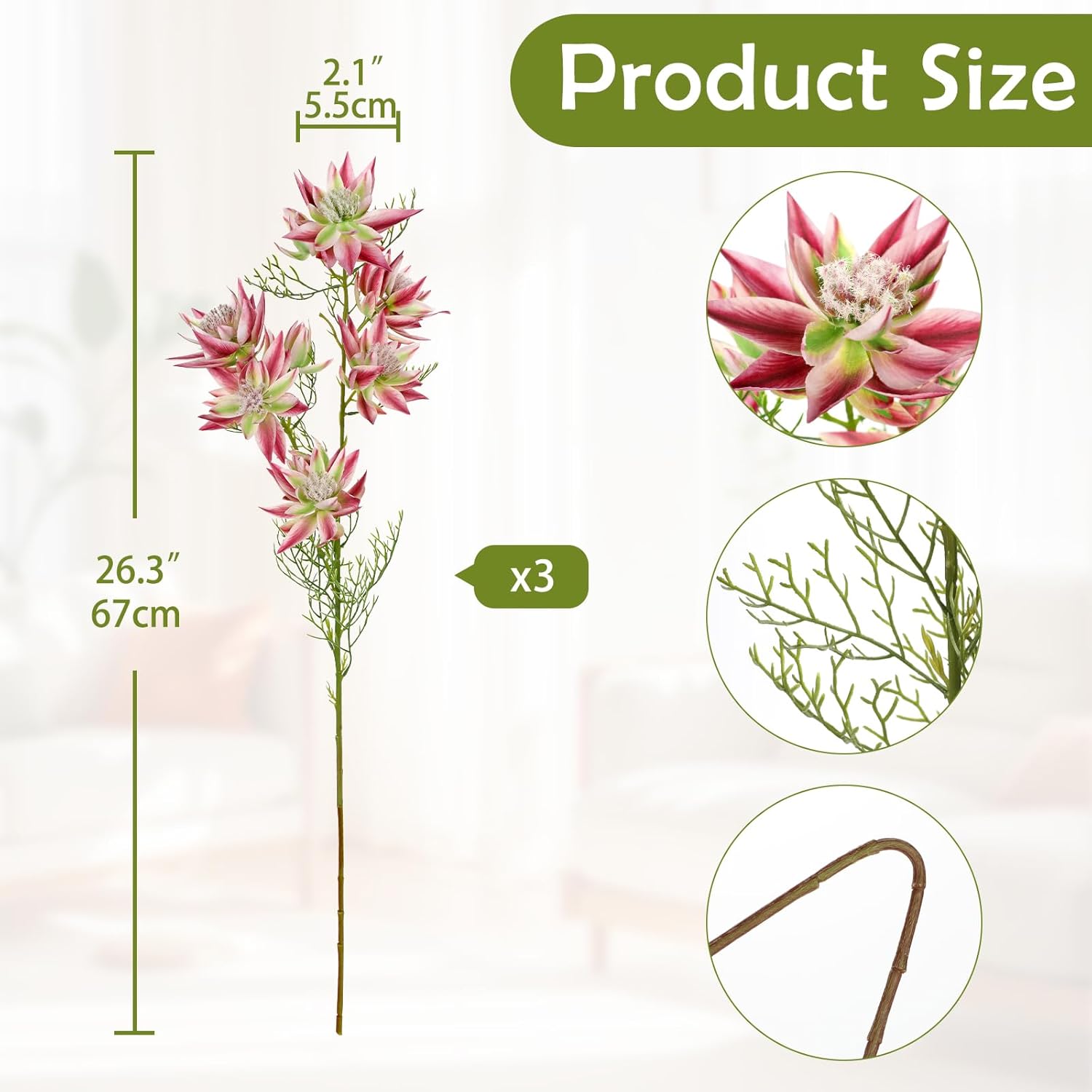 3Pcs Pink Artificial Flowers Silk 26.3" Fake Protea Flower With Long Stem Faux Flowers Arrangement Branch With 6 Heads For Diy Wedding Party Centerpiece Floral Bouquets Table Home Decor