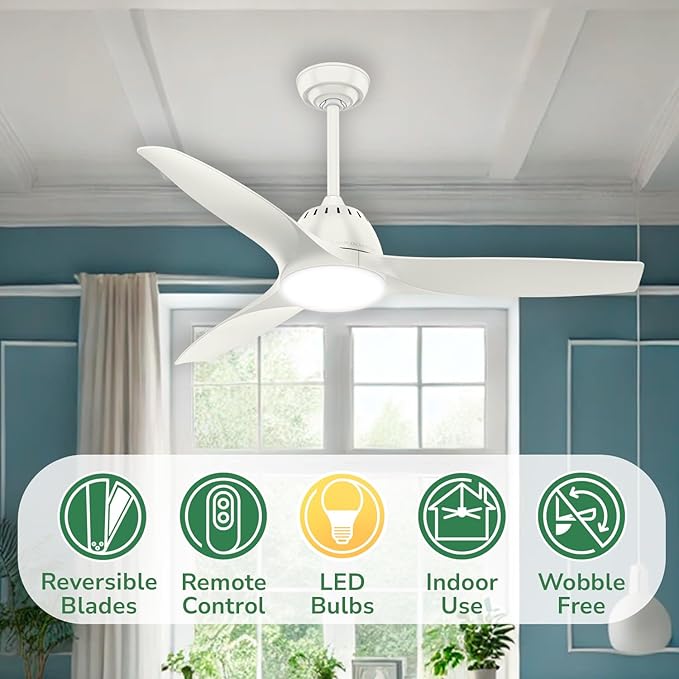 52 Inch White Ceiling Fan with LED Light and Remote Quiet 3 Blade Indoor Fan
