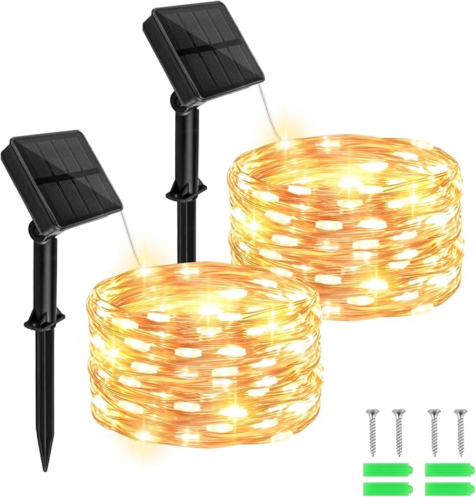 2 Pack Solar Fairy Lights Outdoor Waterproof 16.4FT 50 LED Warm White String Lights with 8 Modes for Patio Backyard Garden Christmas Holiday Decor