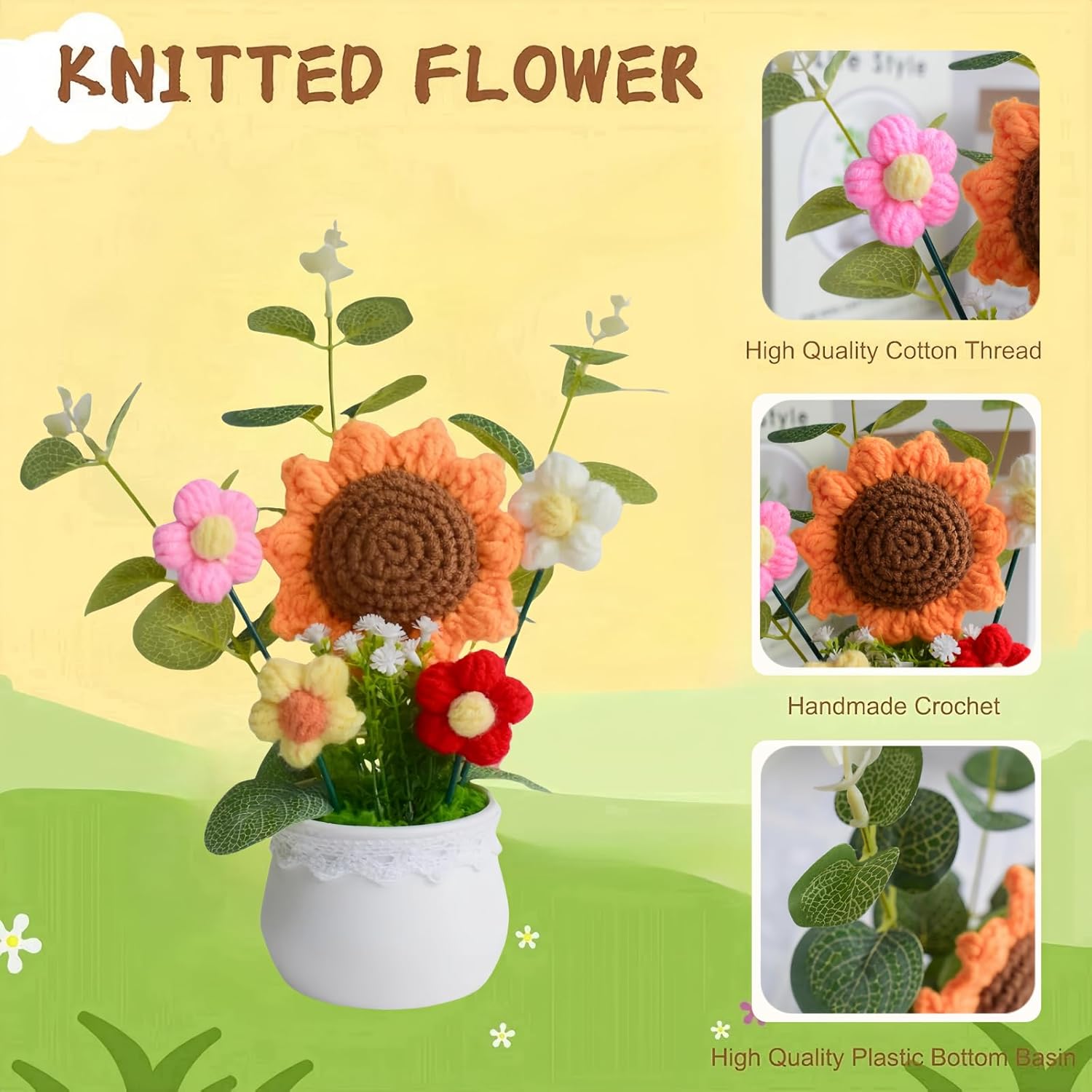 Crochet Flowers Artificial Sunflower Baby'S Breath Knitted Eternal Potted Plants,Handmade Crocheted Puff Flowers Potted,Happy Birthday Crochet Flower Gifts For Women Father'S Day Birthday Christmas