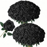 50 Pcs Black Roses Artificial Flowers, Fake Roses Bouquet, Artificial Black Rose With Stems For Diy Wedding Flowers Decoration, Valentines Day Mothers Day, Bridal Bouquet Rose