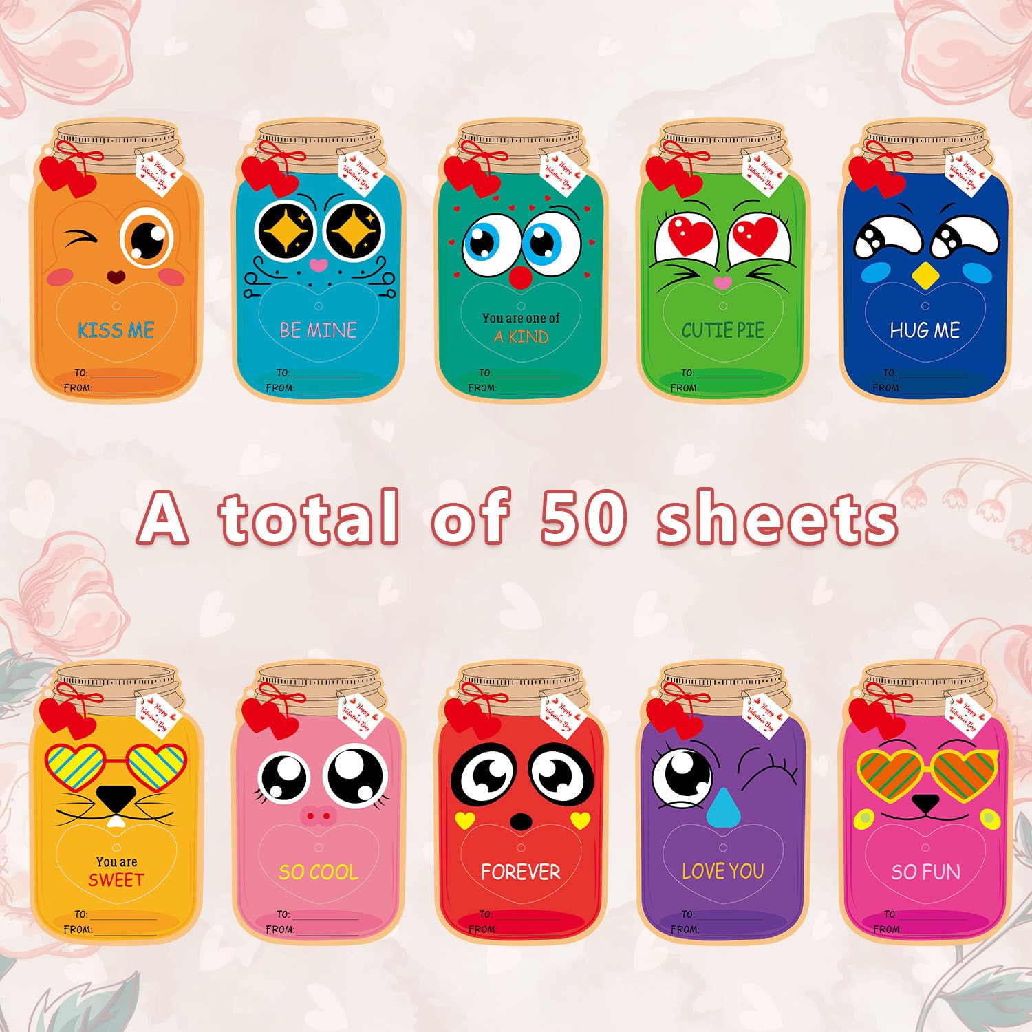 Valentine'S Day Cards Mason Jar Valentines Gift Exchange Funny Cards With Treat Bags For Friends 50 Pack(Candy Not Included)