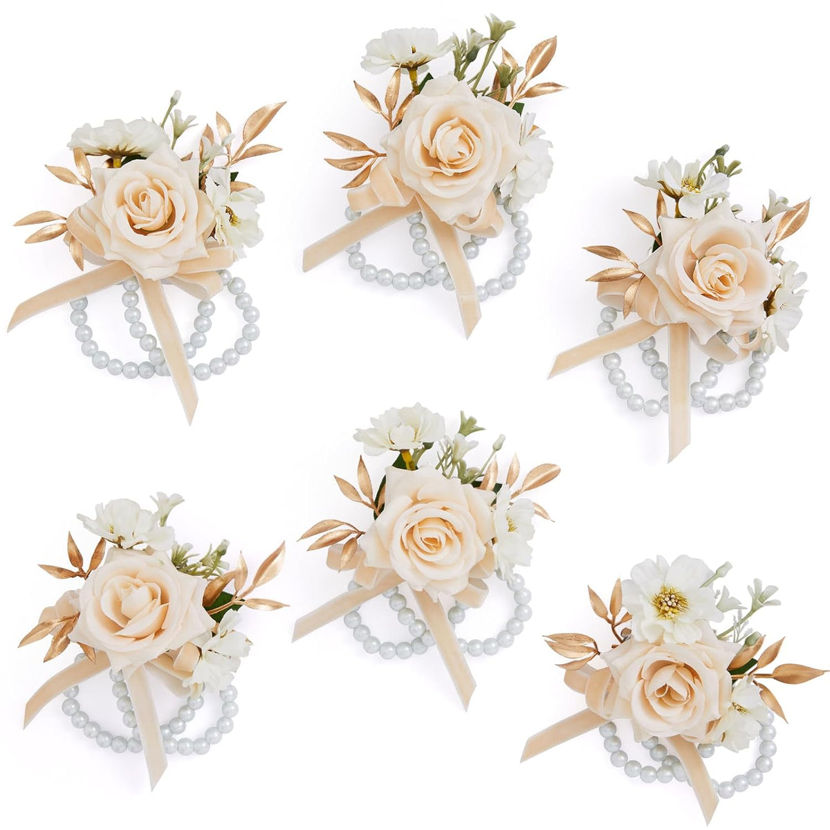 6Pcs Champagne Wrist Corsage For Wedding, Artificial Flowers Roses Wrist Corsage For Prom Homecoming Party Accessories For Bride Bridesmaids, Mother Of Bride And Groom